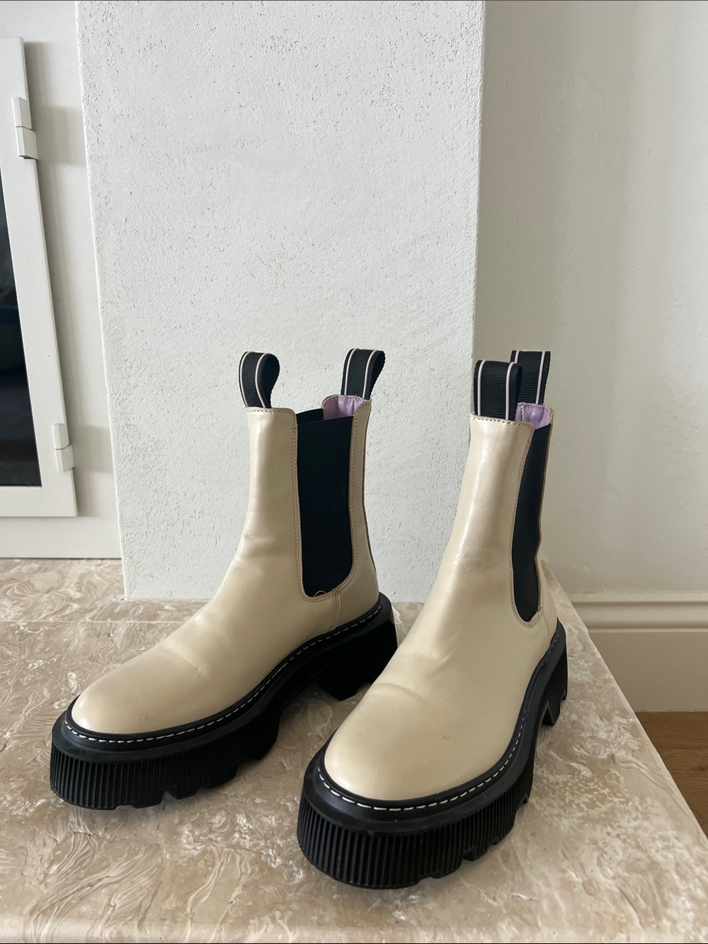 Cream Chelsea Platform Boots with Black Trim